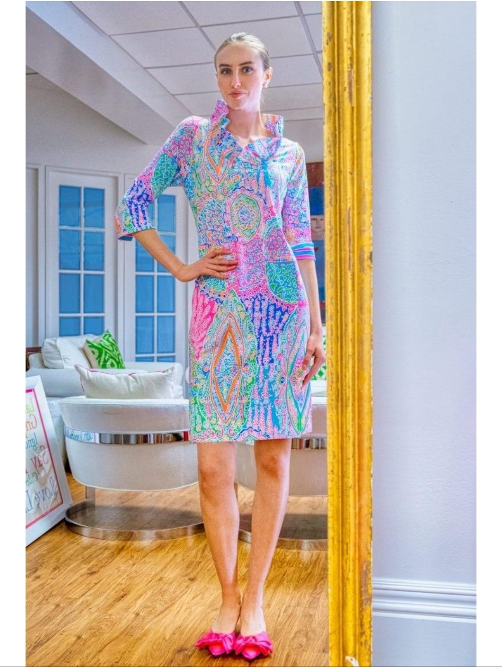 Gretchen Scott Ruffle Neck Dress Grand Bazaar Size XL Multicolor